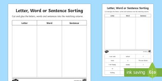 Letter Word Or Sentence Sorting Worksheet Worksheet