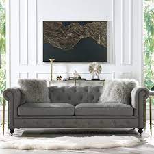Gray Linen 3 Seat Chesterfield Sofa