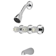 Browse our wide selection of bathtub faucets to find the one that will match your tub and décor perfectly! Products B K 222 215 Acrylic Three Handle Shower Valves With Basic Showerhead And Bathtub Spout