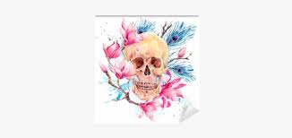 Watercolor Human Skull And Pink Flowers