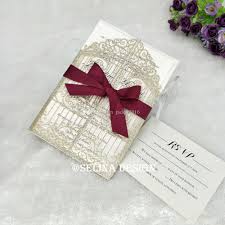 Champagne Glitter Gate Fold Laser Cut Wedding Invites With Burgundy Bow And Envelope Diy Invitations Customizable Printing Wedding Invitations