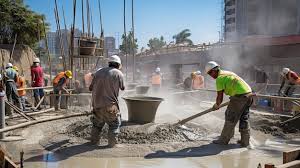 workers use a concrete grinder