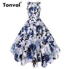 Us 17 99 30 Off Tonval Cotton Elegant Vintage White Dress 1950s Women Summer 2019 Floral Dresses Blue Flower Rockabilly Swing Dress In Dresses From