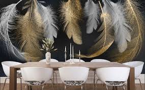 New Gold White Feathers Wallpaper Hand