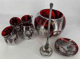 lot 14 pc red glass punch bowl set