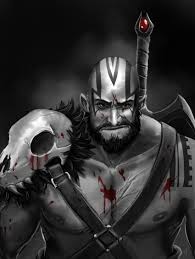 grog strongjaw, critical role, the legend of vox machina, absurdres, artist  request, highres, 1boy, axe, bald, bare pectorals, battle axe, blood, blood  on clothes, blood on face, blue skin, chest belt, colored skin, head  tattoo, large pectorals, looking at viewer 