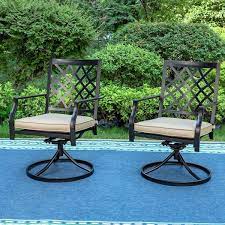Phi Villa Black 8 Piece Metal Patio Outdoor Dining Set With Slat Table Umbrella And Swivel Chairs With Beige Cushions
