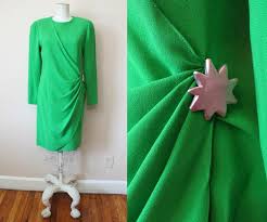 Albert Nipon Boutique Kelly Green Dress 1990s Star Hip Swag Bright Green Strong Shoulder Dress Medium