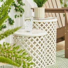 white steel barrel garden stool