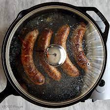 pan fried beer and onion bratwurst