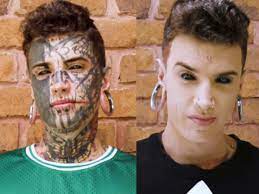man covers tattoos with makeup heavily