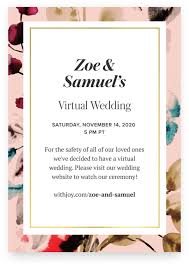 Your wedding invitation serves as the formal announcement of the start of your new lives the law office of caren and klosen cordially invite you for cocktails and hors d'oeuvres on friday, april twentieth two thousand and eighteen from 5:00 to 8. Invite Guests To Your Virtual Wedding Events With Joy Joy