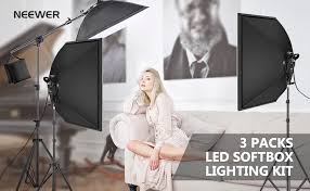 Amazon Com Neewer 3 Packs Led Softbox Lighting Kit 20x27 Inches Softbox 45w Dimmable Led Light Head With 2 Color Temperature Light Stand Boom Arm And Sandbag For Photo Studio Portrait Video