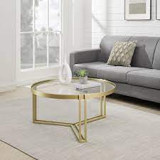 Welwick Designs 33 In Gold Metal Modern Glam Round Glass Tray Top Coffee Table