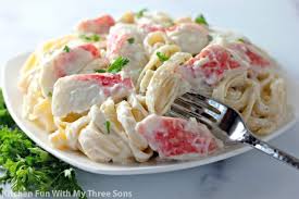 It's a hearty mix of shell pasta, imitation crabmeat, chopped celery,. Crab Fettuccine Alfredo Kitchen Fun With My 3 Sons