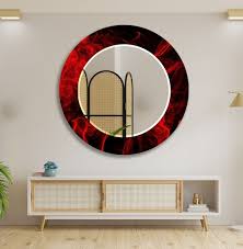 Red Round Mirror Wall Decor Tempered