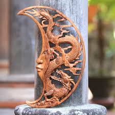 Crescent Moon Dragon Hand Carved Wood