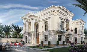 Two floors villa exterior design with biophilic elements, entrance pathway and landscape. Modern Classic Villa Exterior Design Trendecors