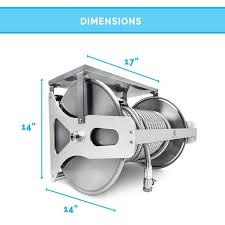 Morvat Stainless Steel 150 Ft Hose Reel With Shelf And Crank Wall Floor Mount Included 5 Ft Leader Hose And Accessories Silver