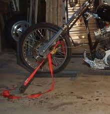 homemade motorcycle wheel chock and tie