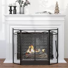 Homcom 3 Panel Folding Fireplace Screen With Fire Place Tools