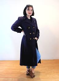 40s Wool Trench Coat M Vintage Navy