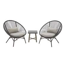 Stylewell Dark Gray 3 Piece Steel Papasan Rope Outdoor Patio Conversation Seating Set With Gray Cushion