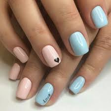 Pink Nails With Black Heart And Blue Nails With Love