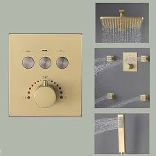 Brushed gold shower set stainless steel head with hnadshower mixer system tap. Creteil Brushed Gold Bathroom Thermostatic Button Shower System Set With Slide Bar