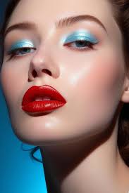 woman with a blue eye makeup and a red lip