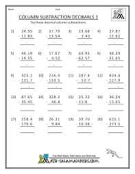 Fifth Grade Worksheets for Math  English  and History   TLSBooks Decimal Column Subtraction      Sheet   Answers