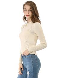 Womens Crew Neck Pointelle Hollow Sweater Slim Fit Cropped