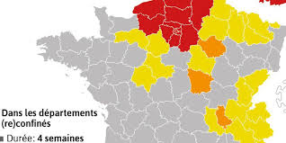 Cliquez sur le nom d'un département pour consulter sa carte, ses villes et ses informations détaillées: Covid 19 En France Reconfinement Vigilance Renforcee La Carte Des Departements Concernes