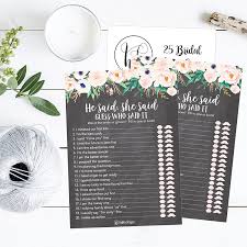 They take lots of time and work. Buy 25 Rustic Wedding Bridal Shower Engagement Bachelorette Anniversary Party Game Ideas Chalk Floral He Said She Said Cards For Couples Funny Co Ed Trivia Rehearsal Dinner Guessing Question Fun Supplies Online