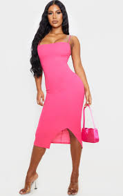 hot pink strappy split hem midi dress