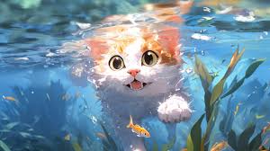 anime cat swimming 4k wallpaper iphone