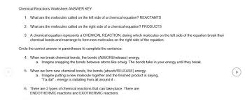 Chemical Reactions Worksheet 8th 10th