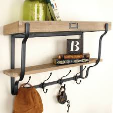 Wood And Metal Wall Shelf With Hooks