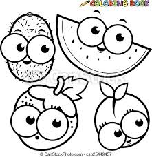 Free printable kiwi coloring pages. Cartoon Fruit Vector Black And White Coloring Page Cartoon Set A Kiwi A Watermelon A Strawberry And A Peach Vector Canstock