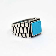 blue turquoise square silver men s ring