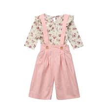 2pcs Set Toddler Kids Baby Girl Ruffle Floral Tops Blouse Suspender Pants Overalls Outfit