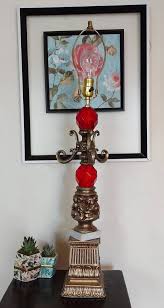 Antique Brass Cherub Lamp Vintage Ruby