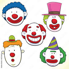 five cartoon clown faces in makeup with