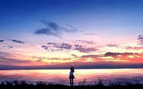 wallpaper girl, alone, sea, horizon ...