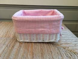 Giraffe storage basket is hand woven of wicker and albaca rope over round bar frame. 2 Pottery Barn Kids White Wicker Sabrina Baskets With Pink Liners Baby Kids For Sale On Naperville Bookoo
