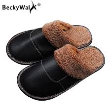 Beckywalk Cowhide Slippers Home Winter Women Shoes Warm Anti Slip Floor Women Men Slippers Genuine Leather Shoes Woman Wsh3116 Color Women Rose Red