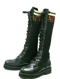 Rockoko combat boots with stretch fabric inserts. Fendi Black Rockoko Logo Leather Knee High Knit Combat Boots Booties Size Us 6 Regular M B Tradesy