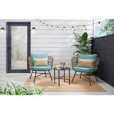 Stylewell Shiloh Valley 3 Piece Black Steel Outdoor Bistro Set With Aloe Cushions