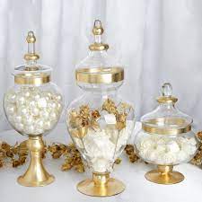 An extra large traditional style clear glass storage jar with a glass lift up lid. Set Of 3 11 16 18 Tall Gold Trim Glass Apothecary Jars With Lids Holders Sale Ebay