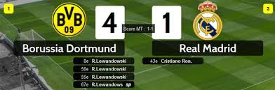 1:0, 2:1, 3:1, 4:1 robert lewandowski, 1:1 cristiano ronaldo cha. Real Madrid Dortmund 4 1